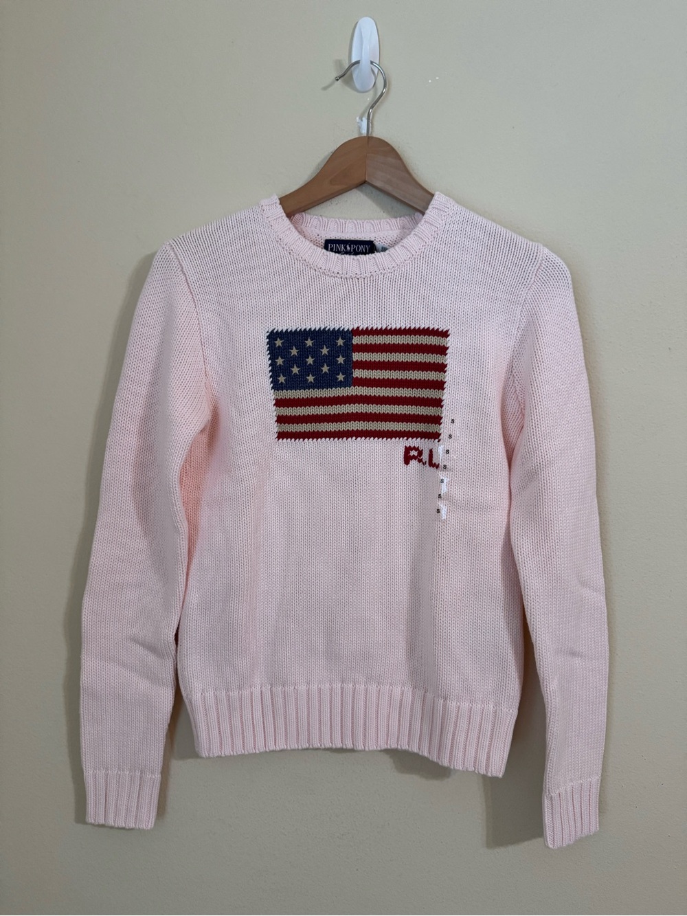 Ralph Lauren New Pink Pony American Flag Sweater USA Knit Crewneck Size Small